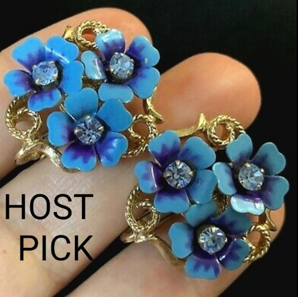 HP🎉*VTG* ENAMEL FLOWER CLUSTER EARRINGS ~FORGET ME NOT BLUE/VIOLET CLIP-ON AVON